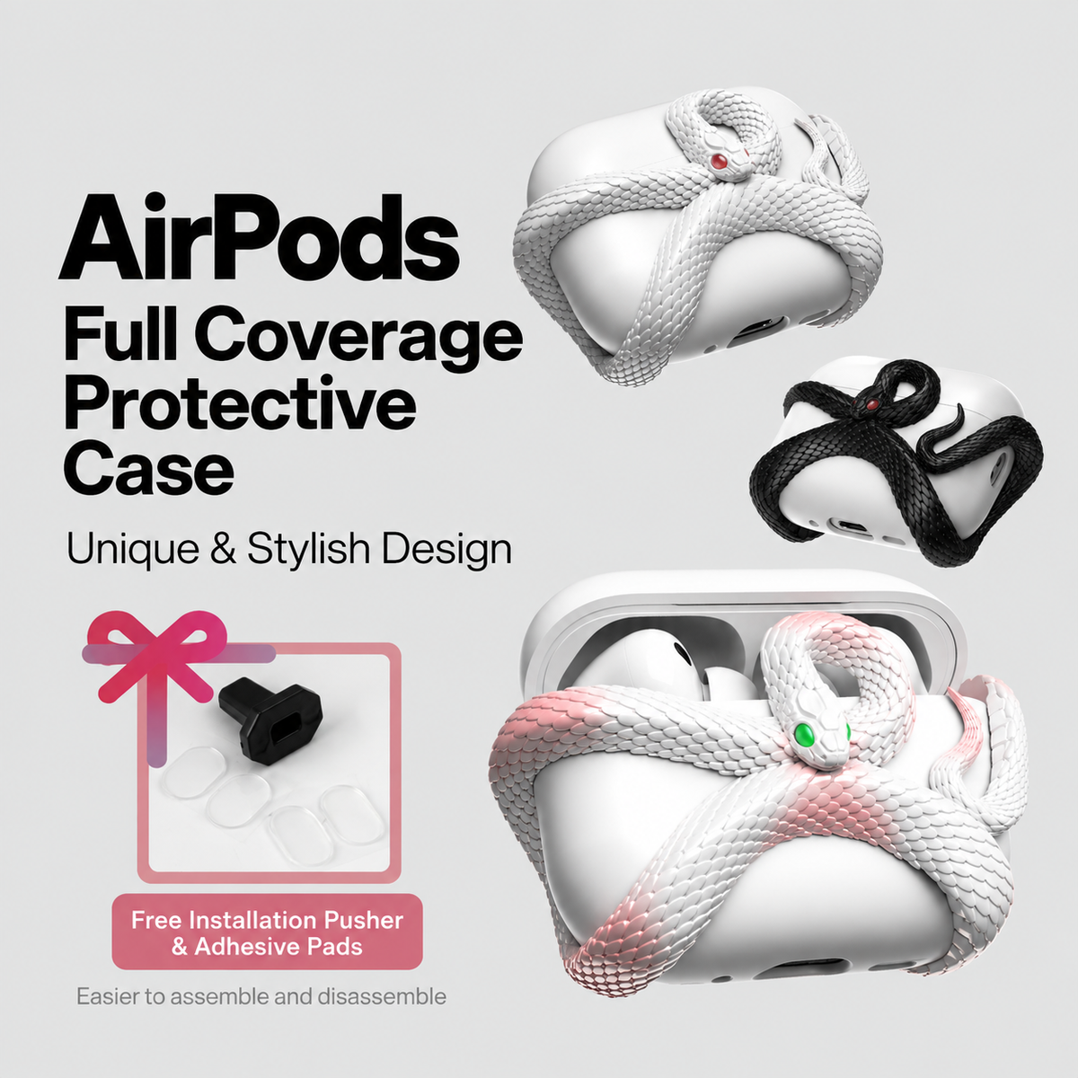 White Snake AirPods Case for AirPods 5 & AirPods Pro 3 – Full Coverage Protective Cover
